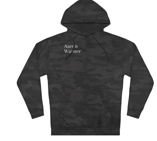 Black camouflage hoodie on a design software interface with color options.