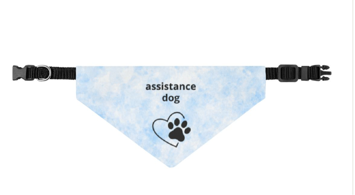 Digital design of a dog bandana with 'assistance dog' text on a computer screen.